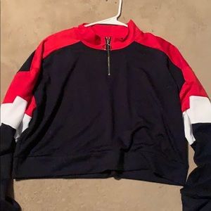 red, blue, and white cropped shirt